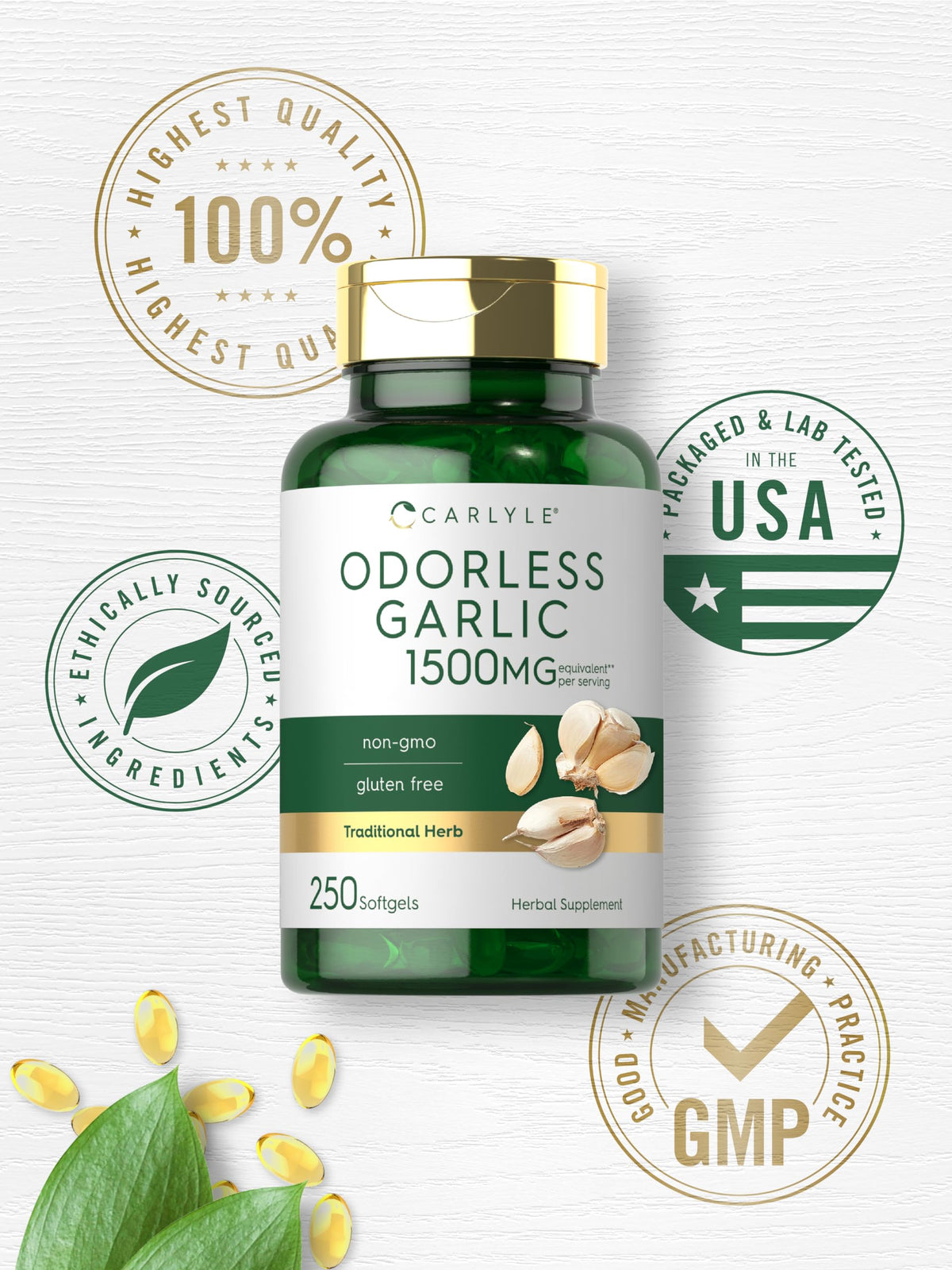 Close up of Carlyle odorless garlic supplement nutritional benefits and usage directions