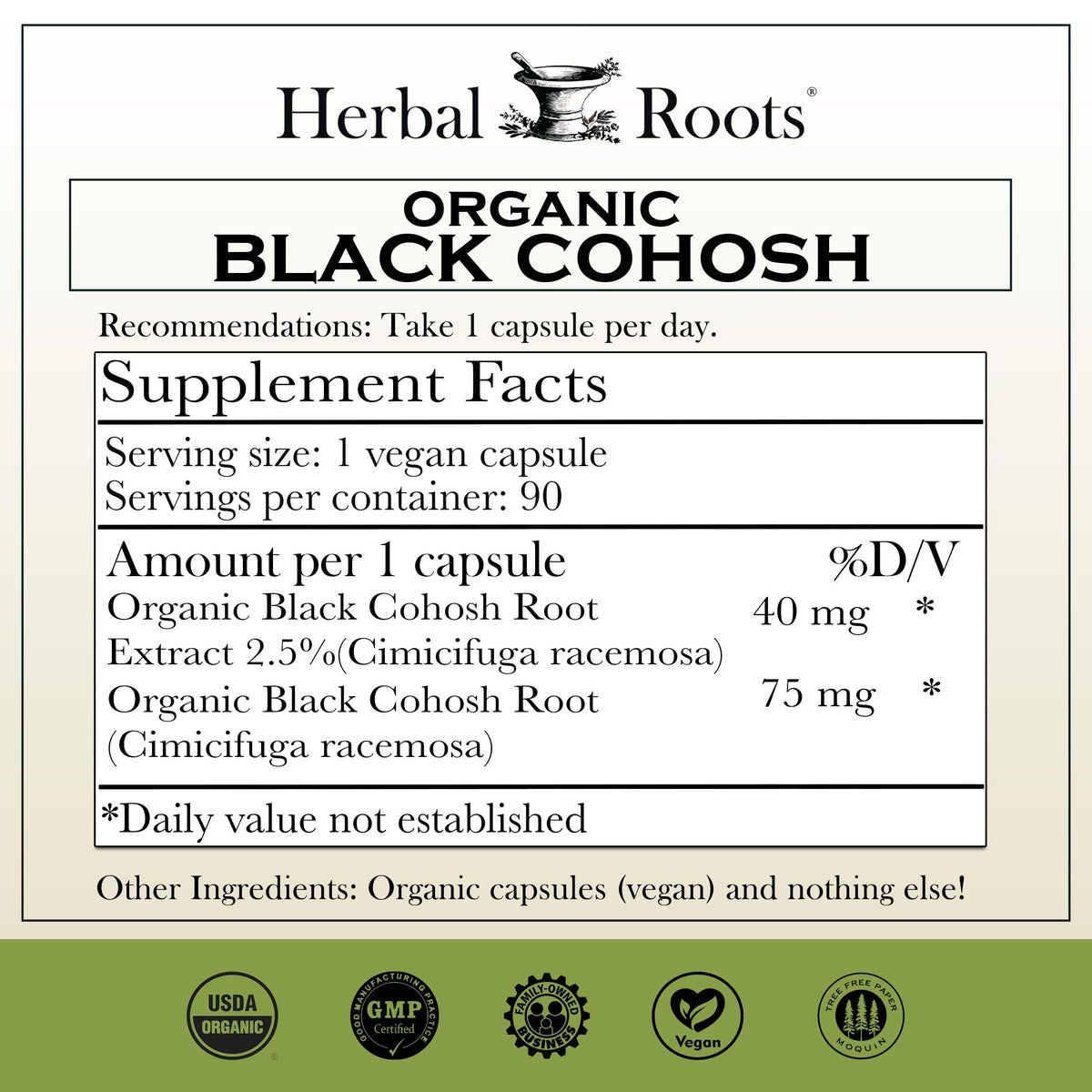 Herbal Roots black cohosh capsules menopause support label