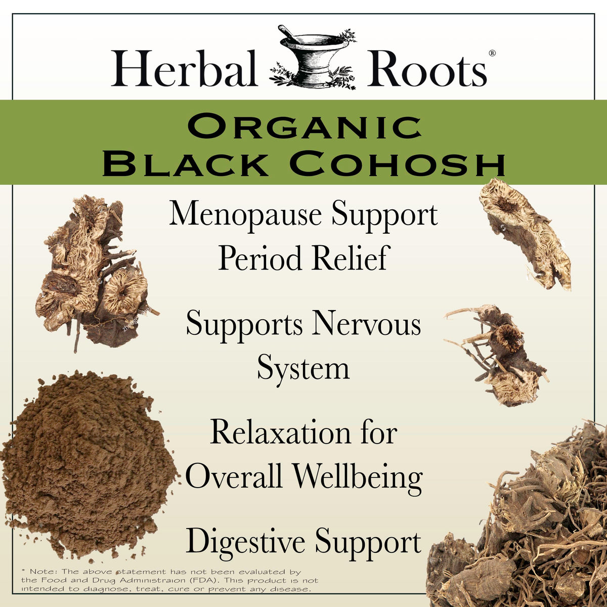 Side view of Herbal Roots organic black cohosh root bottle