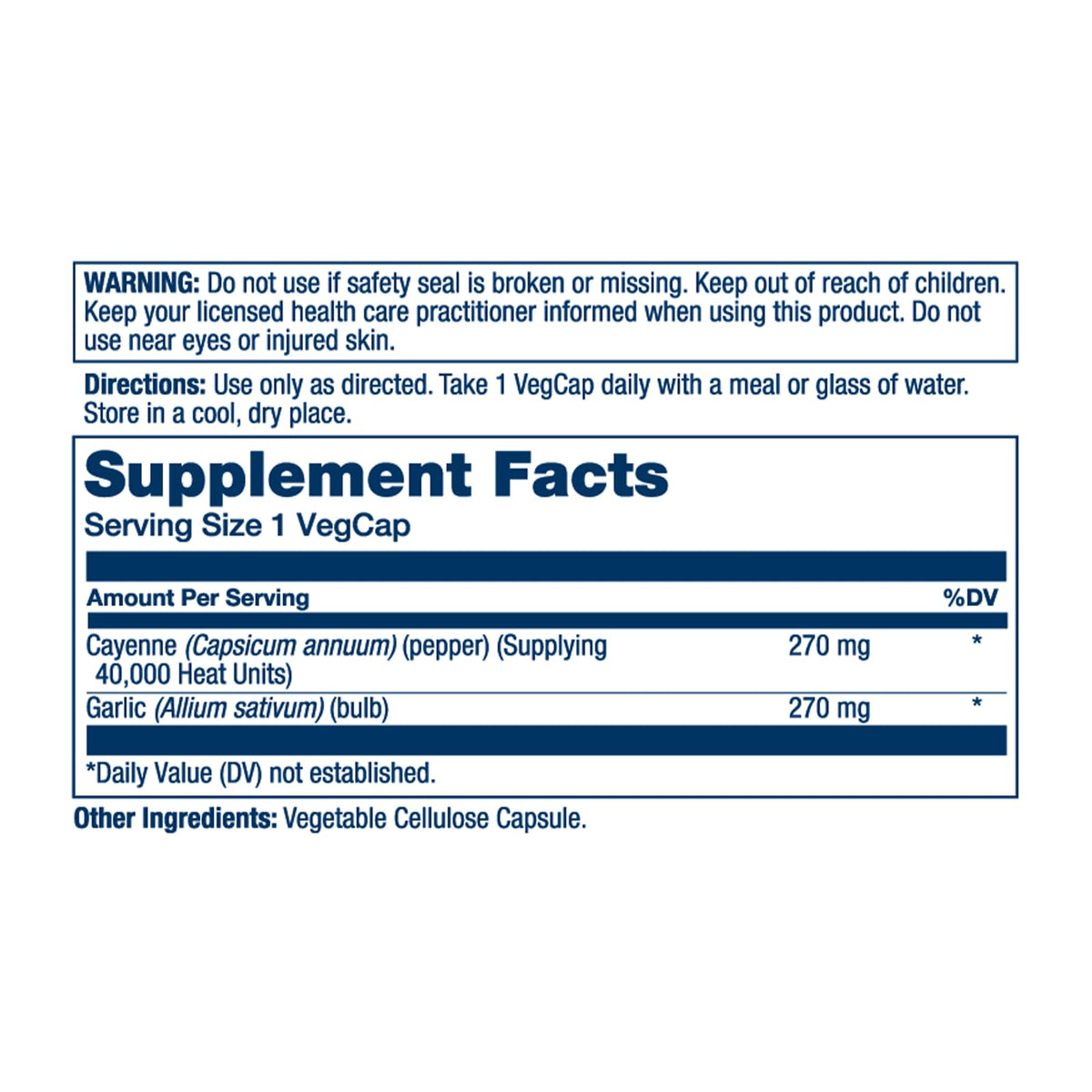 Solaray Cayenne and Garlic supplement nutritional facts and ingredient label details