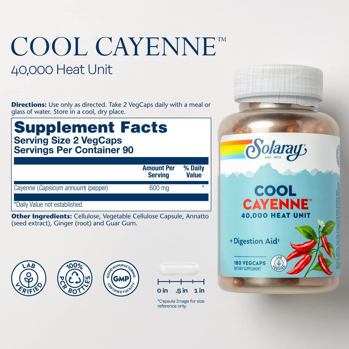 Solaray Cool Cayenne 180 vegetarian capsules supplement facts label