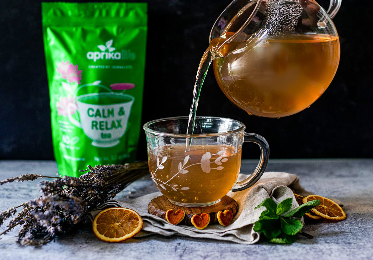 Back label of AprikaLife relaxation tea showing 12 natural herbs list