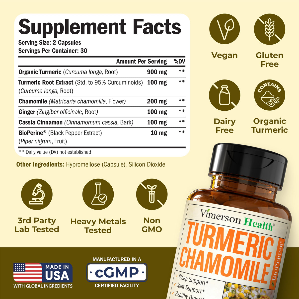 Back label of Vimerson Health Turmeric Sleep support supplement showing complete supplement facts chart