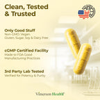 Side view of non-GMO vegan joint and sleep support capsules bottle with quality standards symbols
