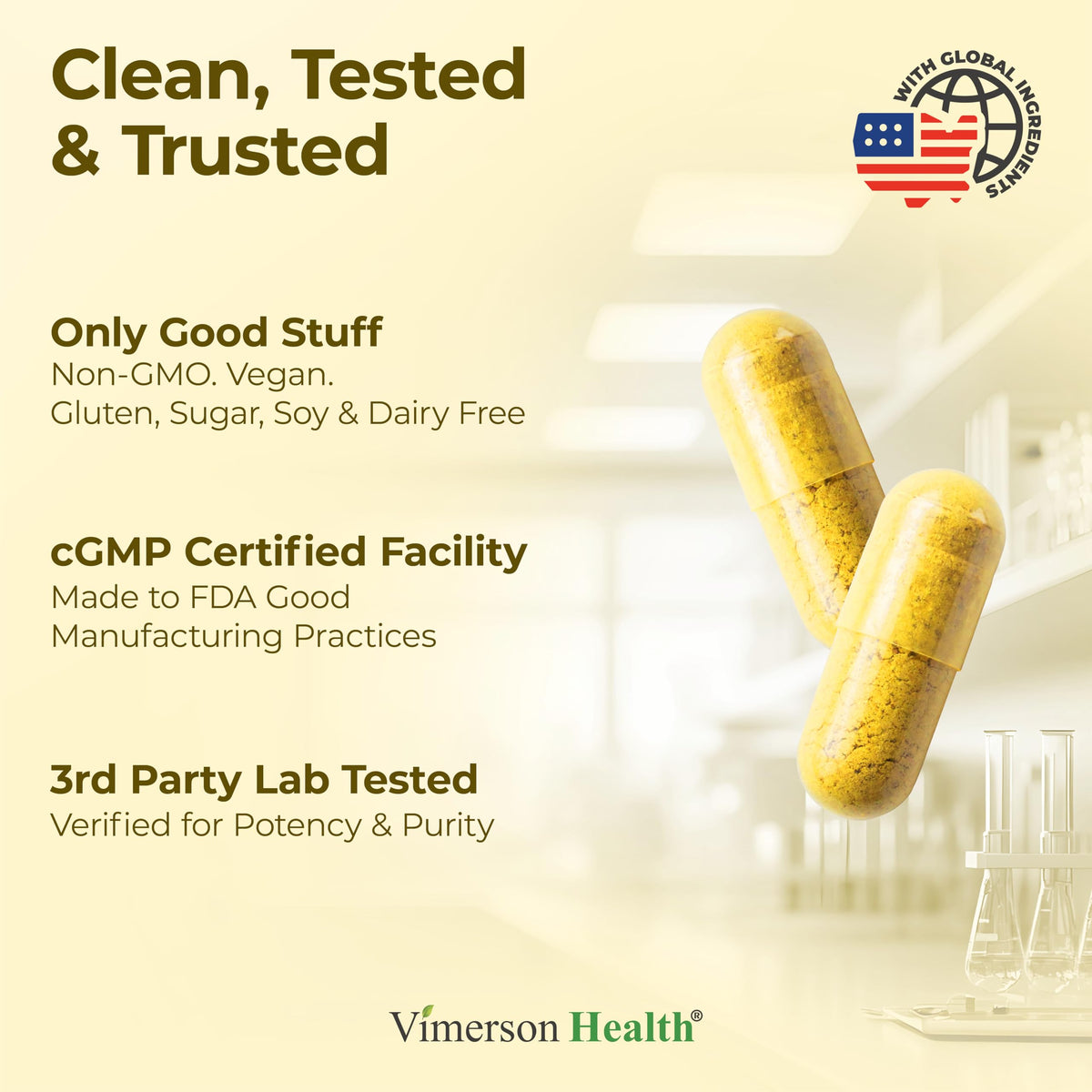 Side view of non-GMO vegan joint and sleep support capsules bottle with quality standards symbols