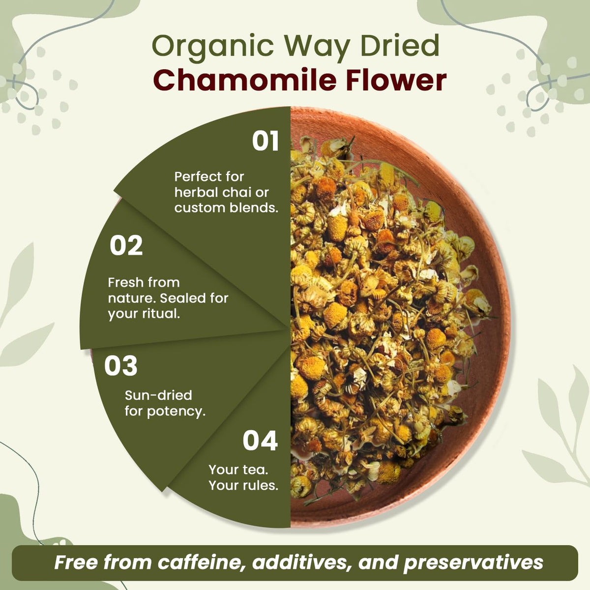 Spoonful of high quality non GMO whole chamomile flowers ready for infusion.