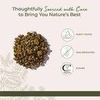 A cup of brewed golden chamomile herbal tea alongside loose Starwest Botanicals whole flower leaves.