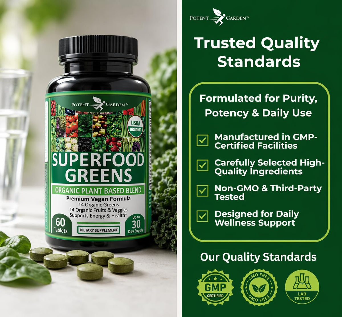Potent Garden superfood greens 120 count bottle side profile