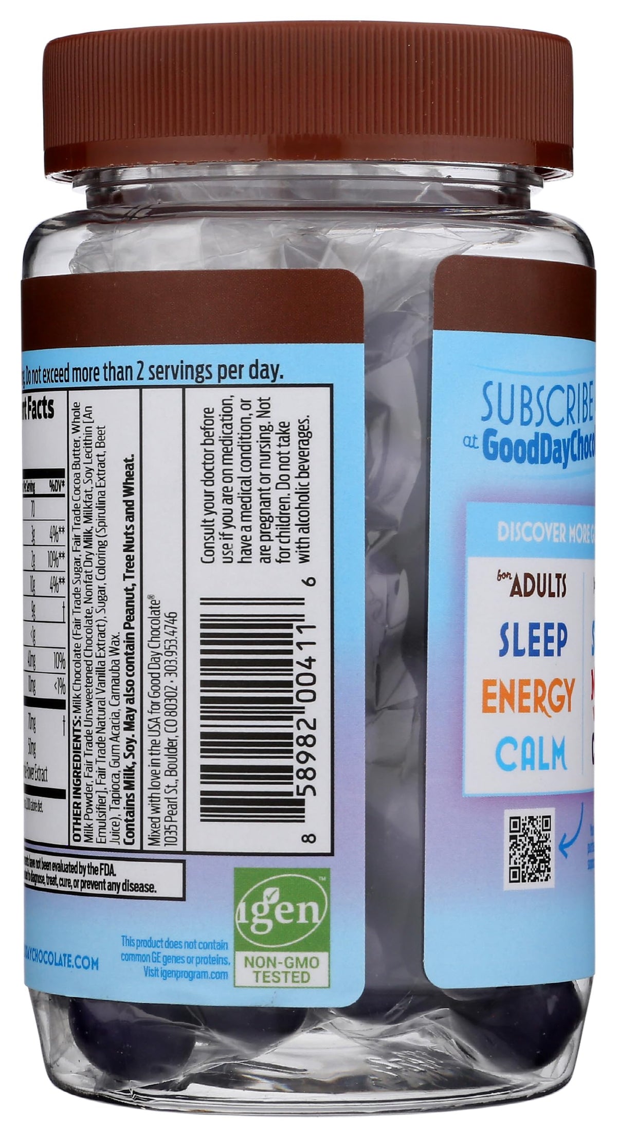 Doctor founded non GMO stress relief chocolate supplement packaging close up