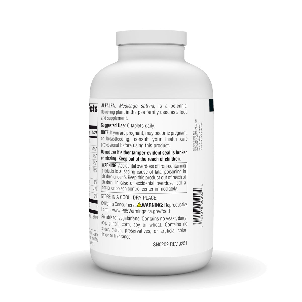 Supplement facts label on Source Naturals Alfalfa bottle