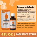 Side profile of Arymar Novatropin liquid dietary formula highlighting the vegan and non-GMO certifications