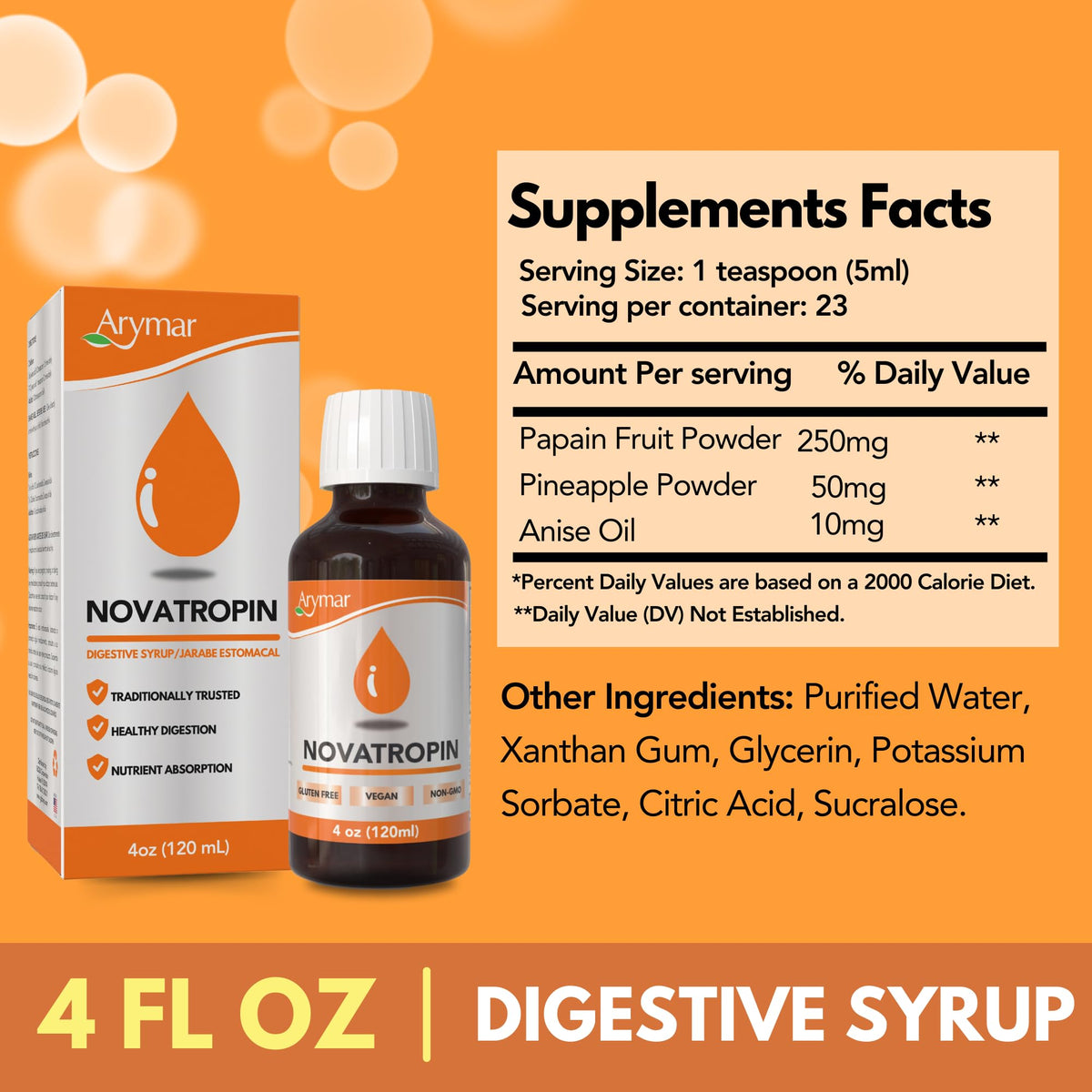Side profile of Arymar Novatropin liquid dietary formula highlighting the vegan and non-GMO certifications