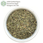 Close up of Elanen Naturals organic cut and sifted alfalfa leaf herb