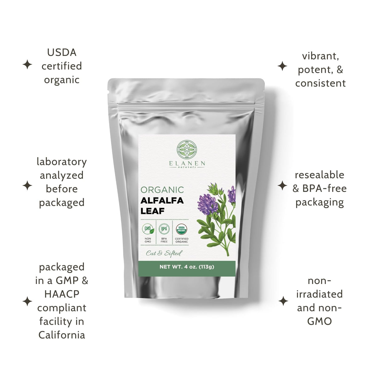 USDA organic certification seal on Elanen Naturals alfalfa leaf bag