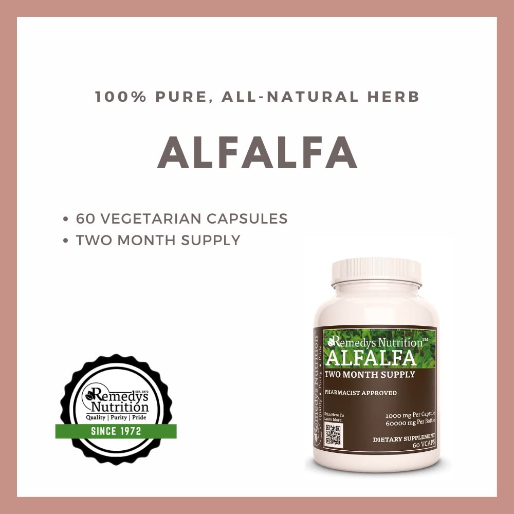 Back label of Remedy’s Nutrition Alfalfa 60 count bottle