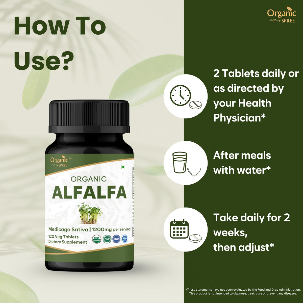 Back of Organic Spree Alfalfa bottle showing supplement facts