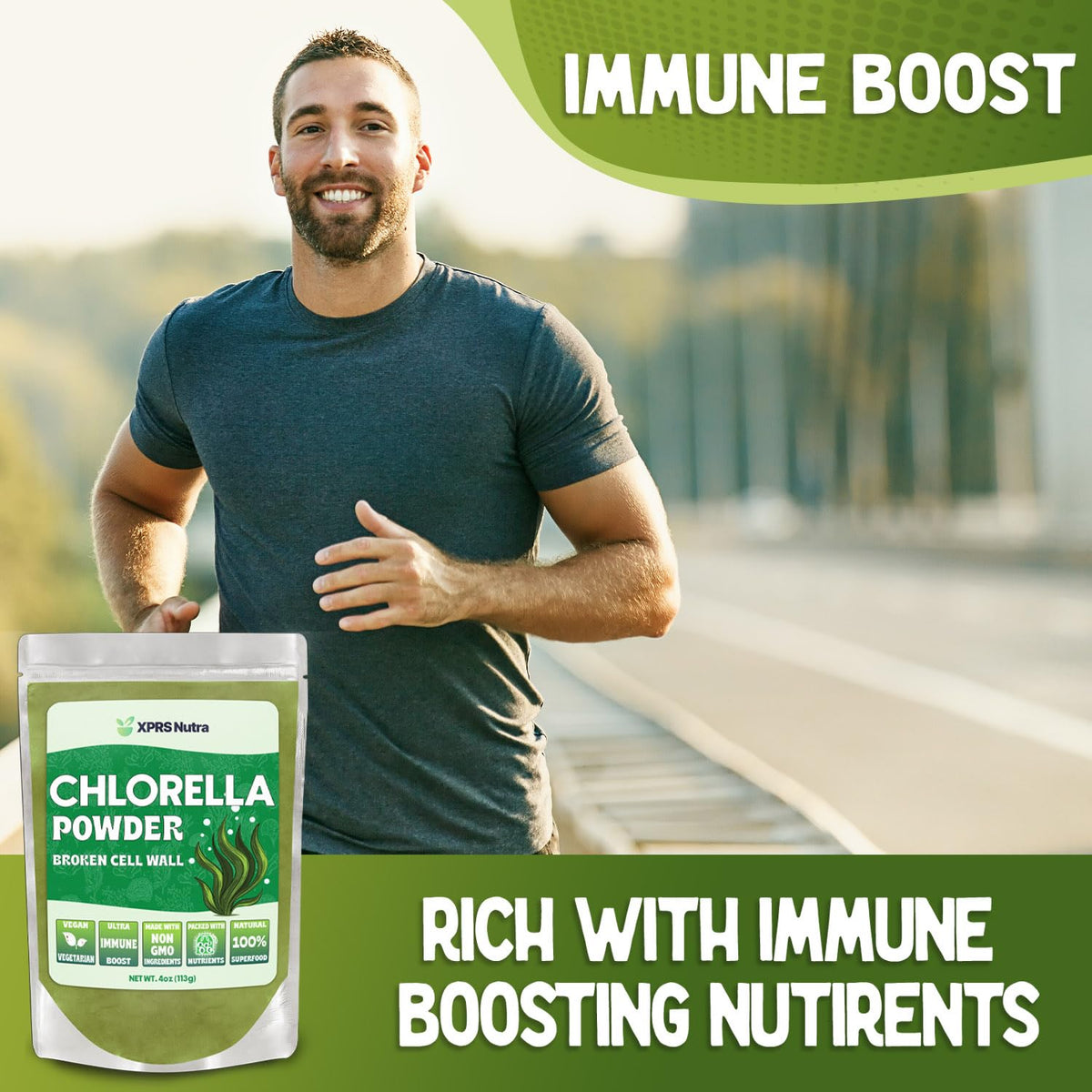 XPRS Nutra 4 Ounce chlorella bag with supplement facts label