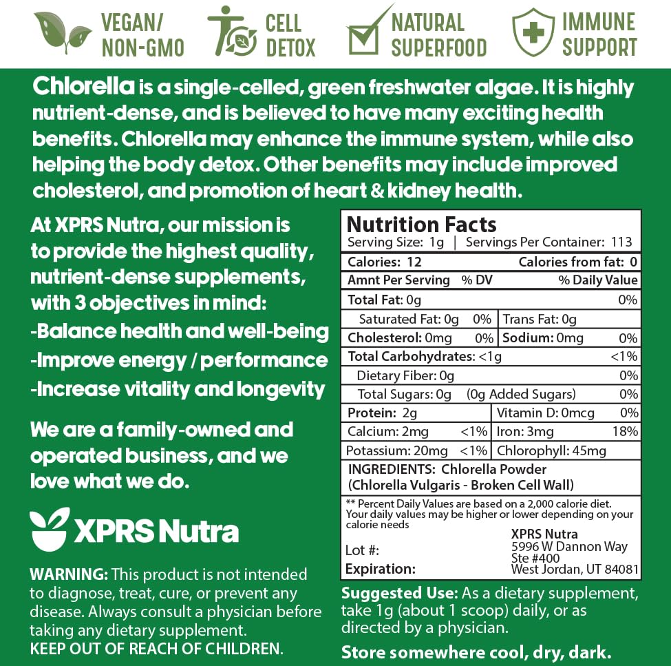 Nutritional information printed on XPRS Nutra chlorella pouch