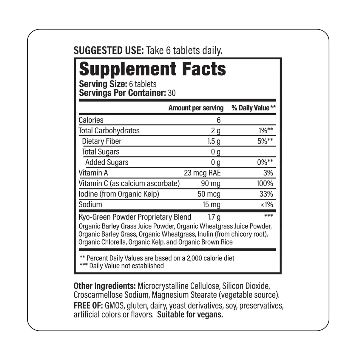 Back of Kyolic Kyo-Green 180 Tablets bottle showing ingredient list