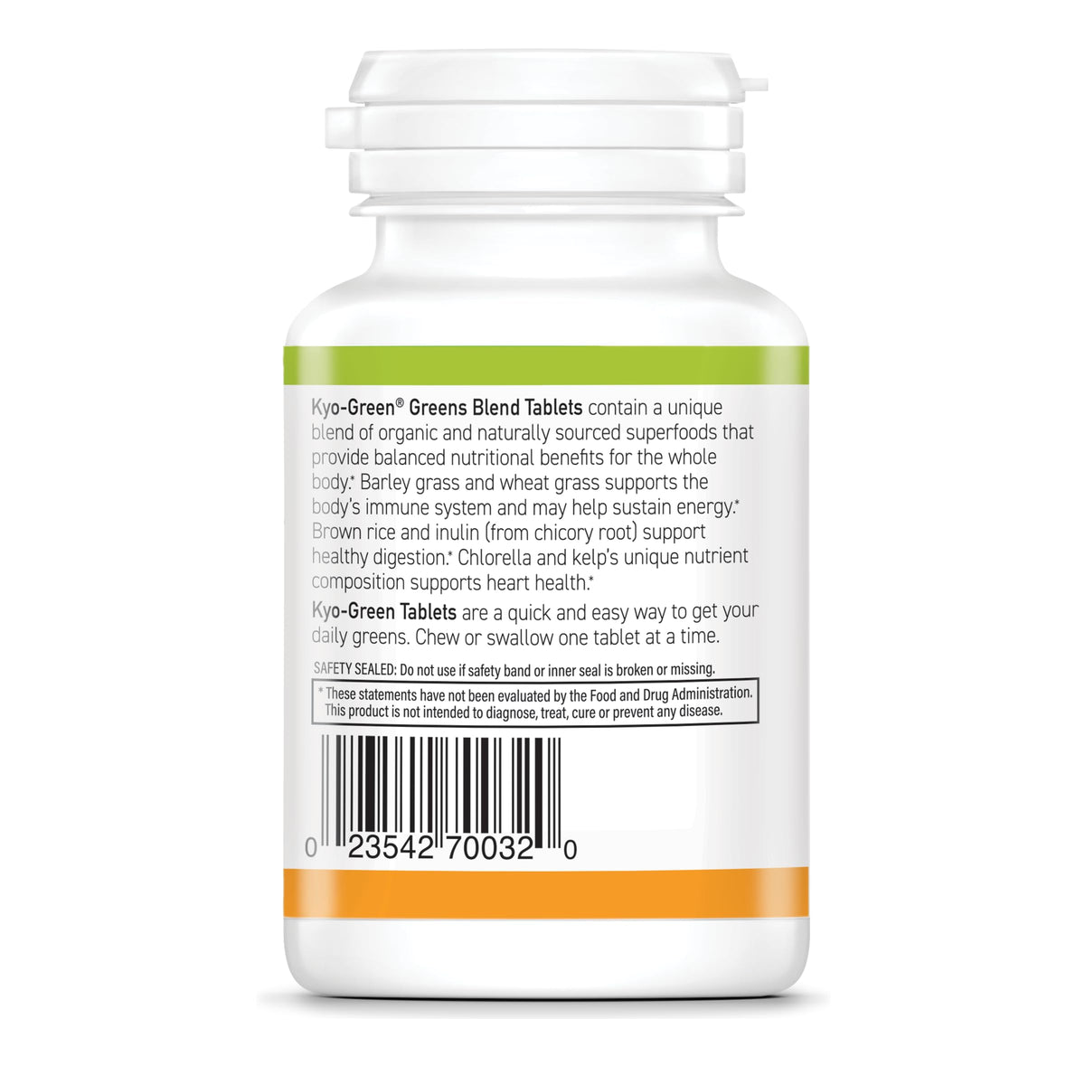 Close up of Kyolic Kyo-Green vegan gluten-free green supplement tablets