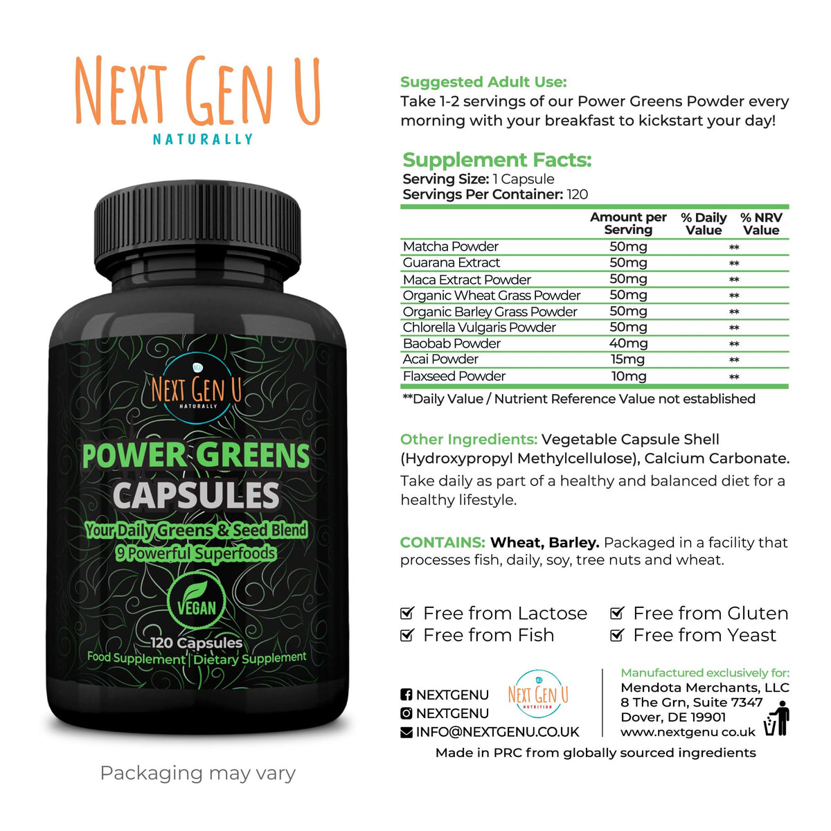 Next Gen U super greens 500 milligrams vegan capsule bottle