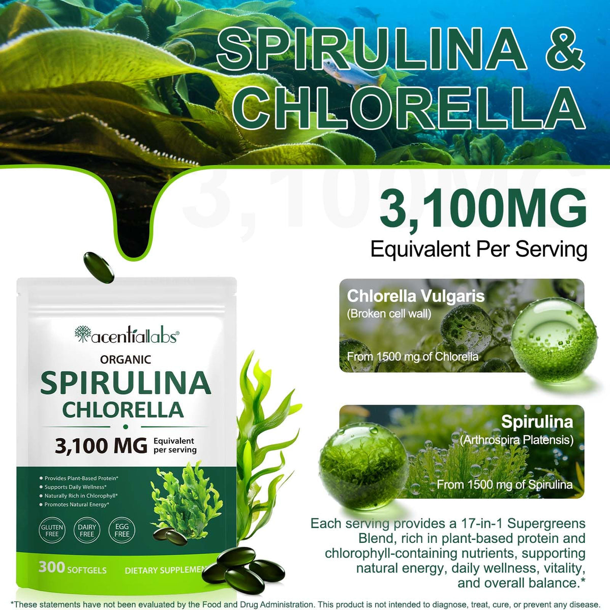 Close up of 3100 milligram spirulina and chlorella softgel texture