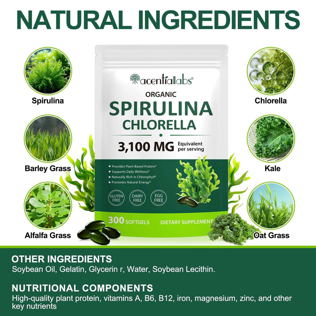 Top view of vegan supergreens softgels for daily wellness