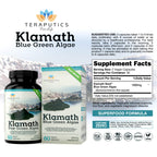 Close up label details of Teraputics blue green algae 500mg capsules