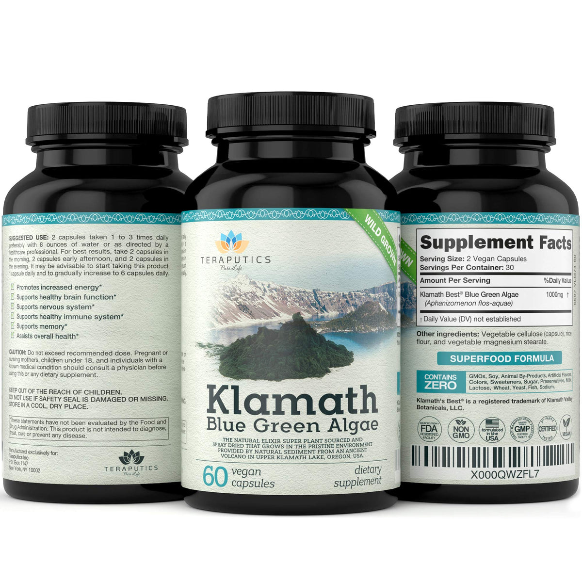 Top view of Teraputics Blue Green Algae dietary supplement bottle
