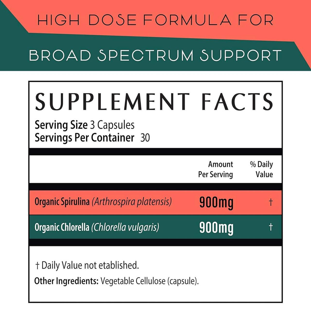 Teaveli Spirulina and Chlorella 180 count bottle label details