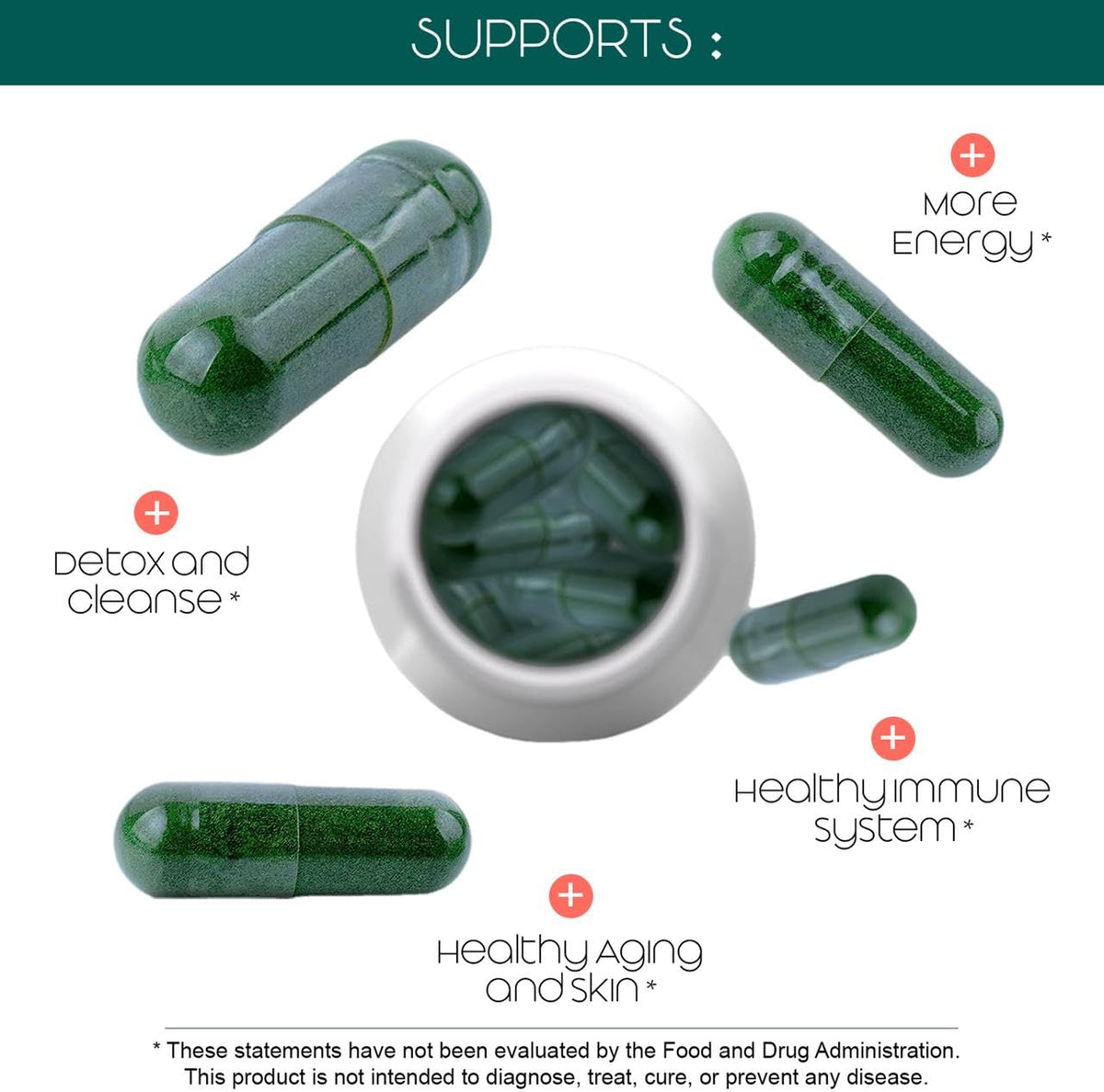 Side view of Teaveli blue green algae supplement bottle