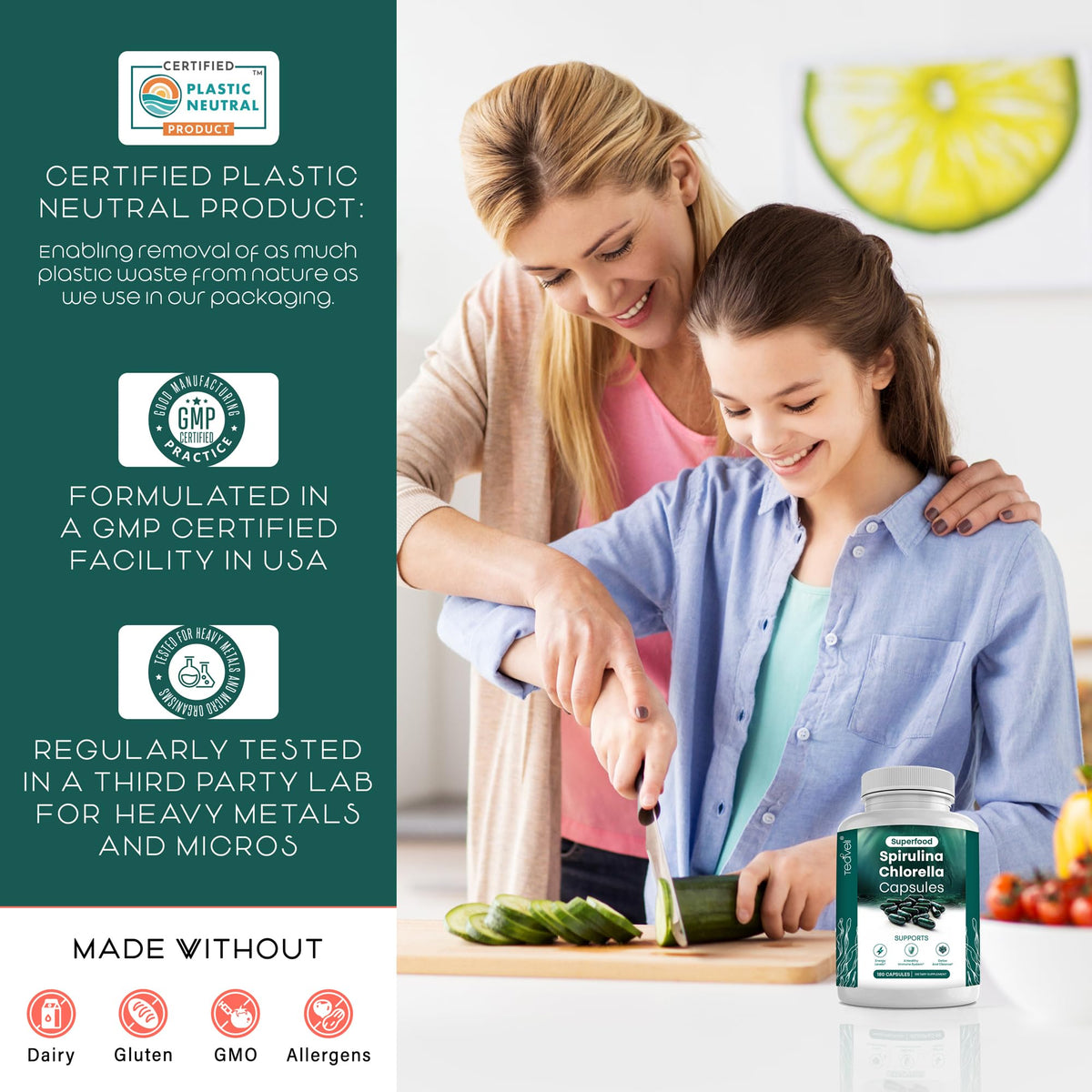 Teaveli organic spirulina chlorella capsules with health icons
