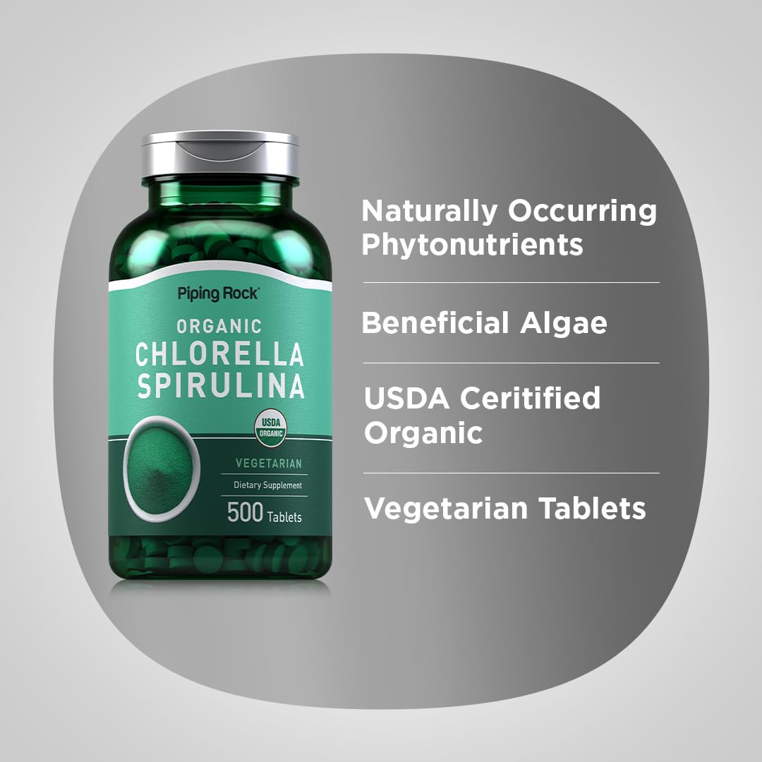 Close up of Piping Rock Chlorella Spirulina vegetarian tablets