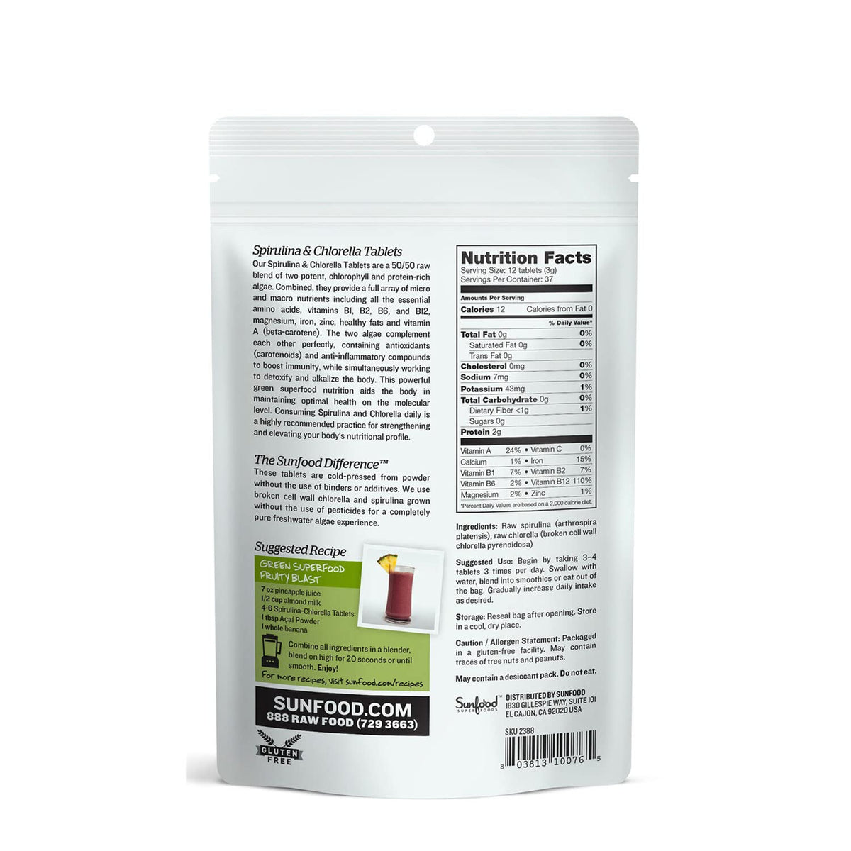 Sunfood Superfoods Chlorella Spirulina Tablets 50/50 blend label details