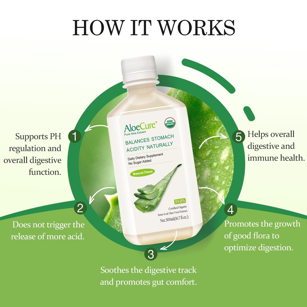 Side view of AloeCure organic aloe vera juice bottle showcasing ingredients