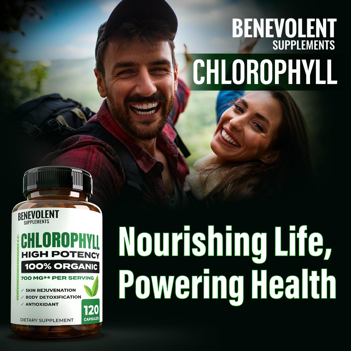 Benevolent Nourishment wellness superfoods chlorophyll capsules packaging for natural antioxidant protection