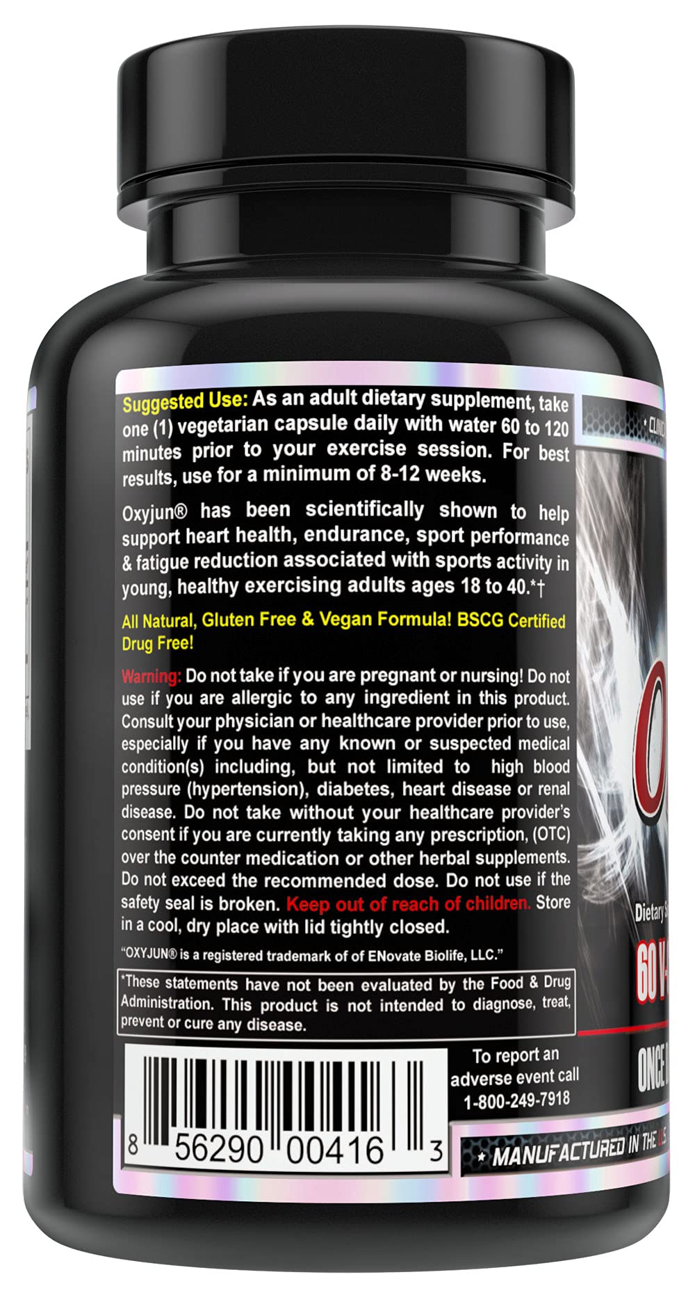 Side angle of MST Oxyjun 400mg vegetarian capsules bottle showcasing the ingredient profile and dosage instructions