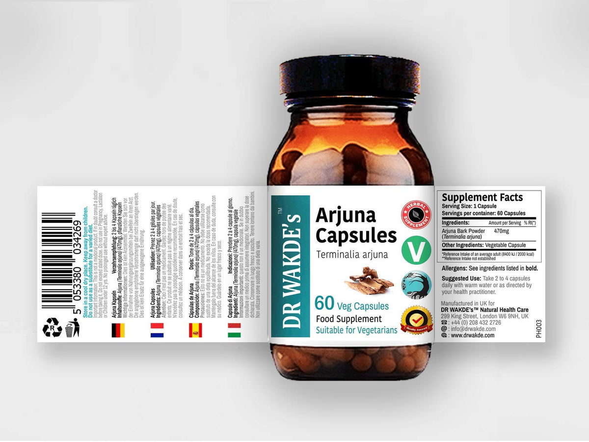 Supplement facts and ingredient breakdown on the back label of pure arjuna bark powder capsules