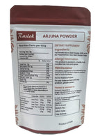Pure brown Terminalia Arjuna bark powder from Raslok displayed next to its original product container.