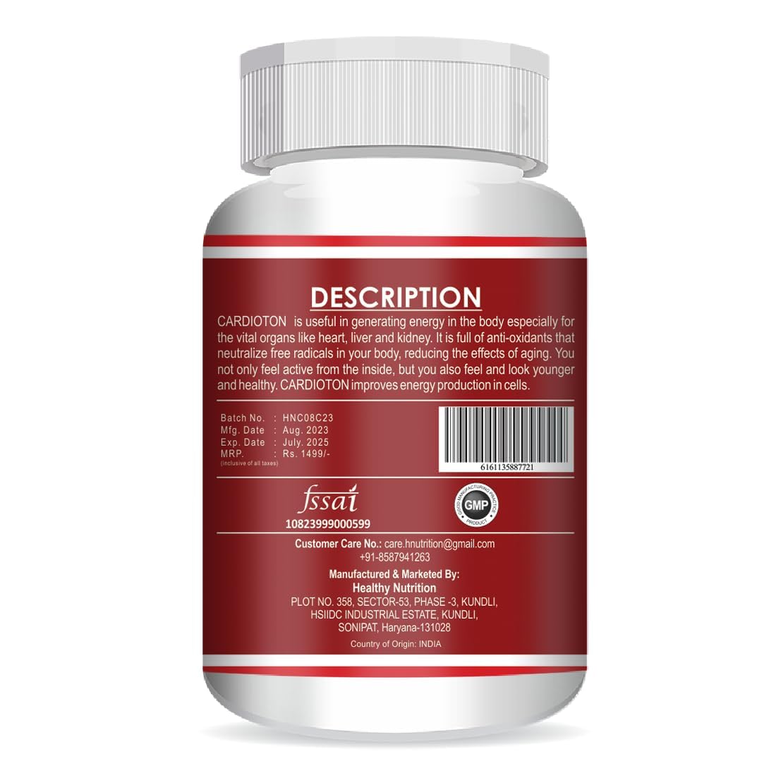 Side angle view of the ANC Cardioton herbal supplement container displaying directions for use and product benefits.