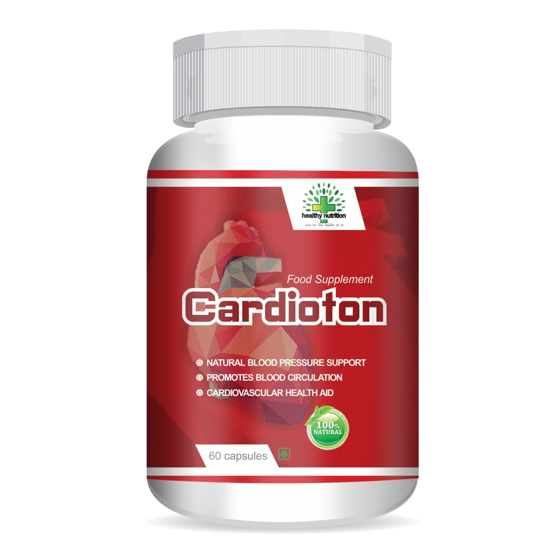 Close-up of the ANC Cardioton cardiovascular health supplement highlighting the 100 percent natural formulation badge.