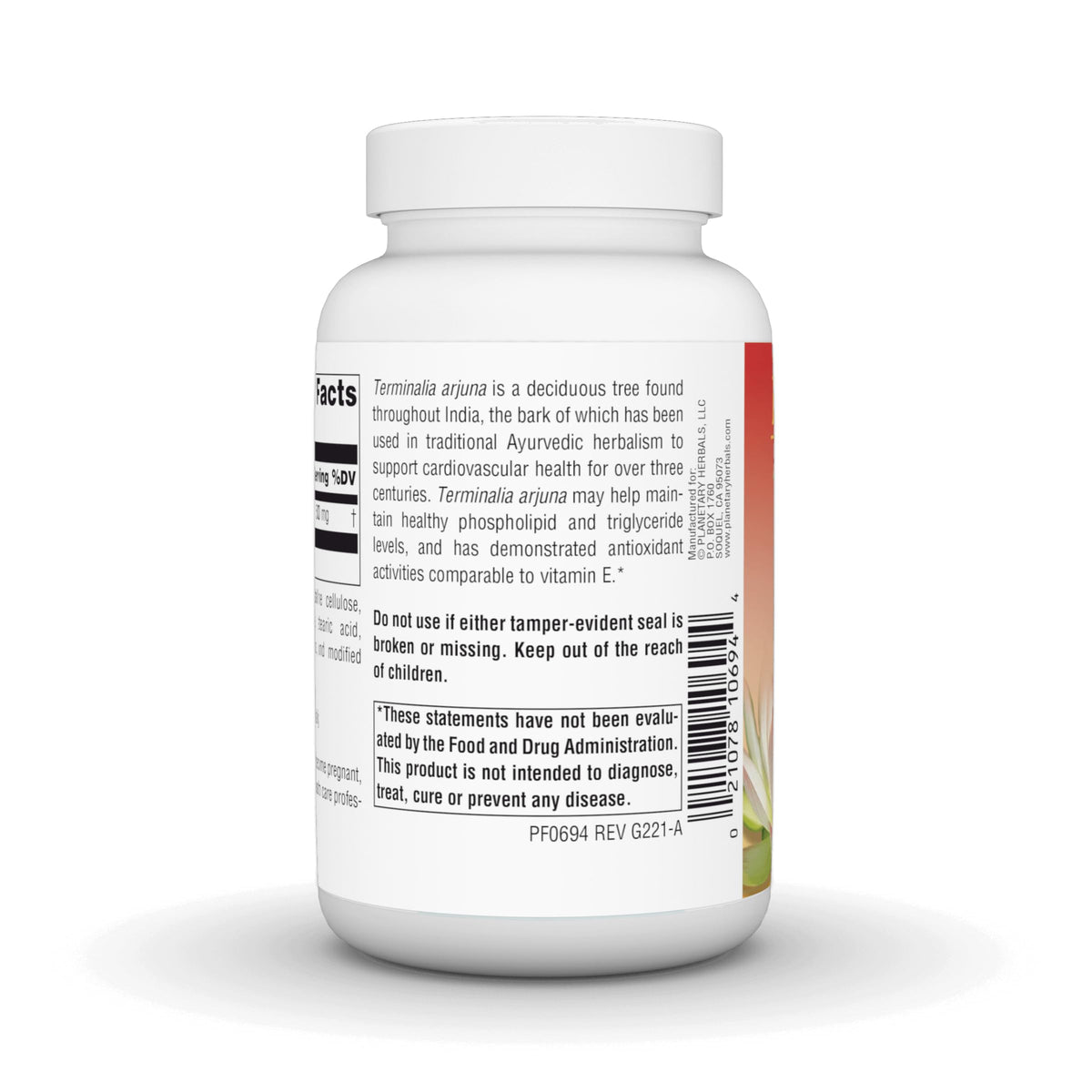 Side view of Planetary Herbals Arjuna herbal tablets container detailing suggested use