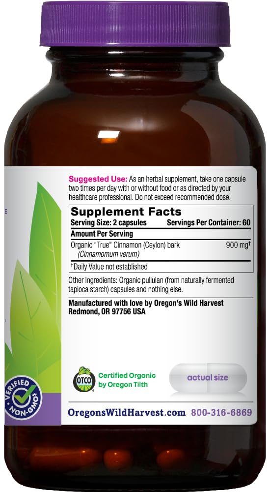 Close up of Oregon's Wild Harvest cinnamon supplement label details