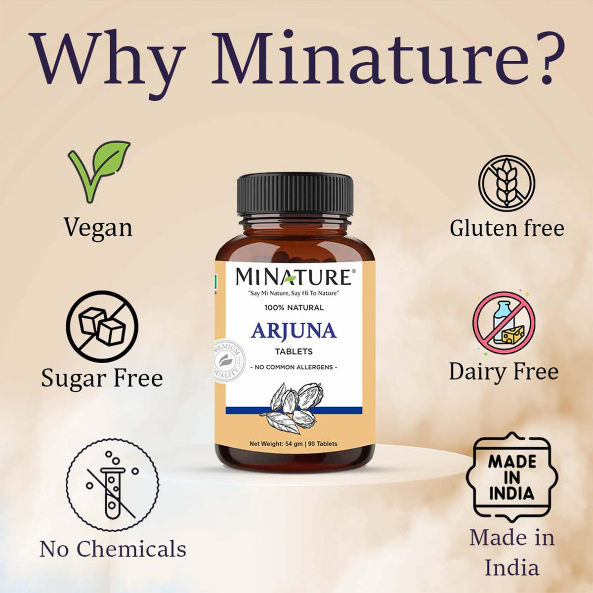 Natural Arjuna heart health supplement by mi Nature allergen free certification