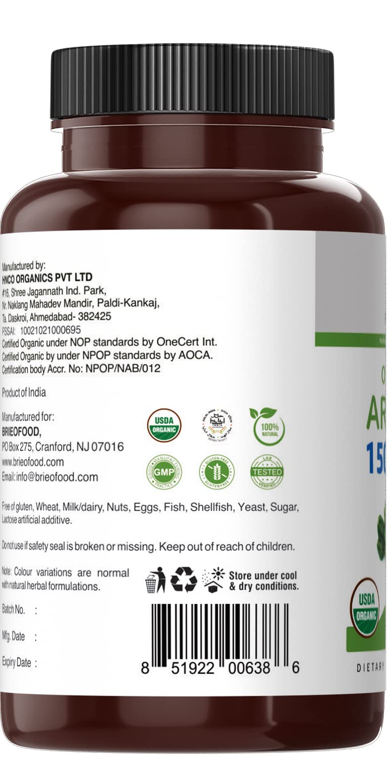 Brieofood Organic Arjuna 90 vegetarian tablets packaging side panel information