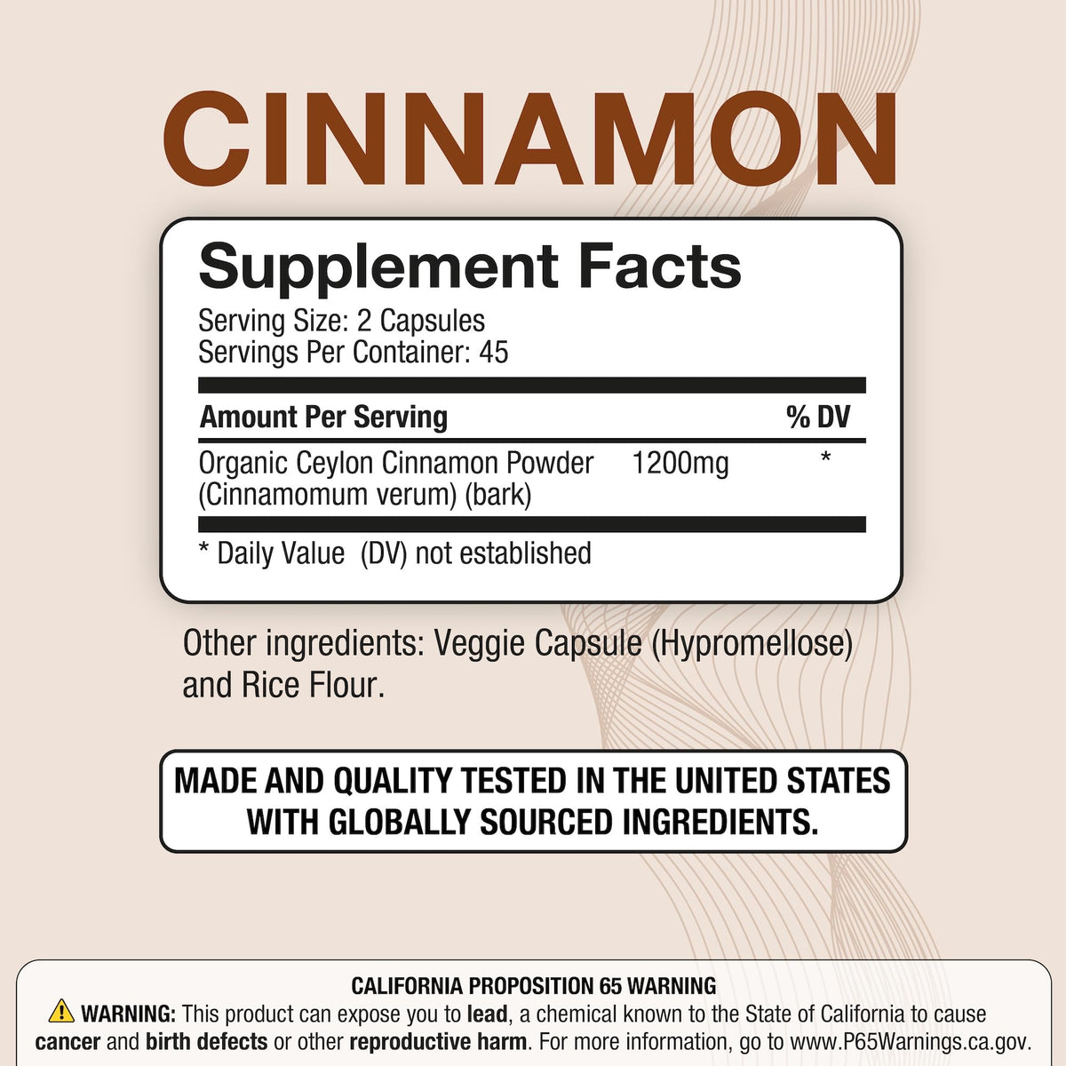 Puregen Labs Ceylon Cinnamon 1200mg supplement facts label