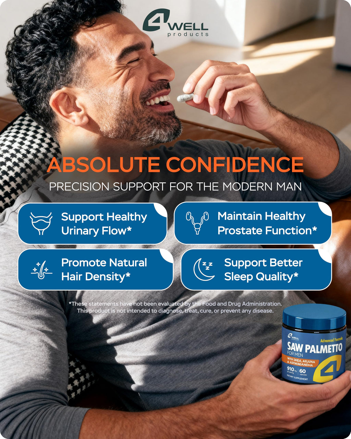 4Well Products Saw Palmetto supplement bottle showcasing the Made in USA verification seal.