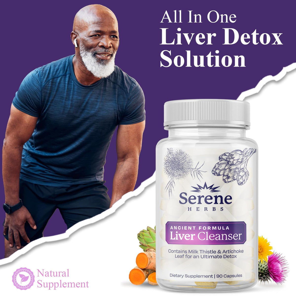 Side angle of Serene Herbs liver support bottle highlighting imported authenticity seals and product manufacturing details.