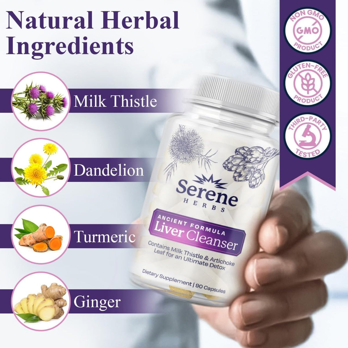 Serene Herbs Liver Cleanse bottle next to herbal illustrations emphasizing its natural milk thistle and dandelion composition.