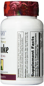 Solaray Artichoke Leaf Extract 600mg side panel listing non-GMO and laboratory verified details.